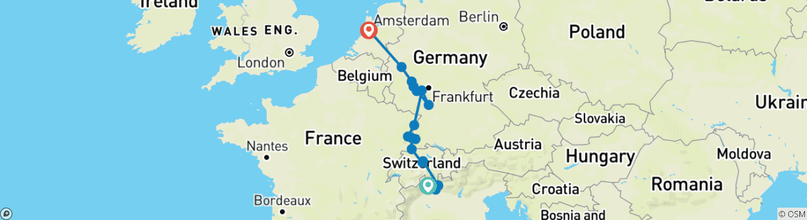 Image of a map showing the route of the tour