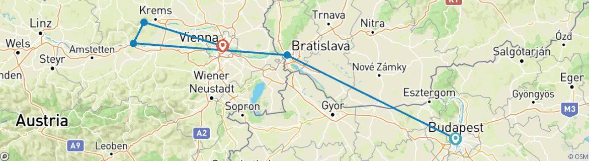 Image of a map showing the route of the tour
