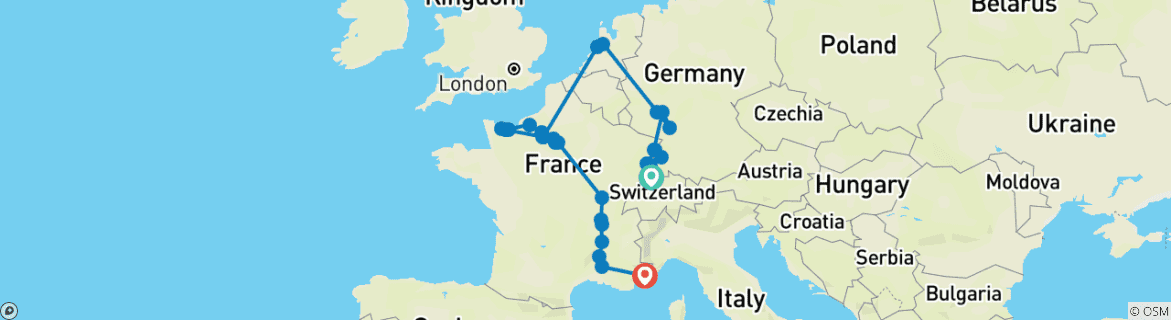 Image of a map showing the route of the tour