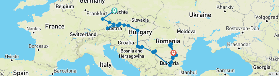 Image of a map showing the route of the tour