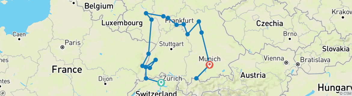 Image of a map showing the route of the tour