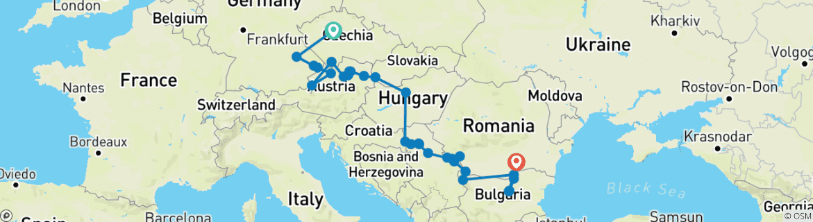 Image of a map showing the route of the tour