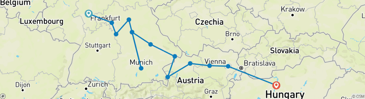 Image of a map showing the route of the tour