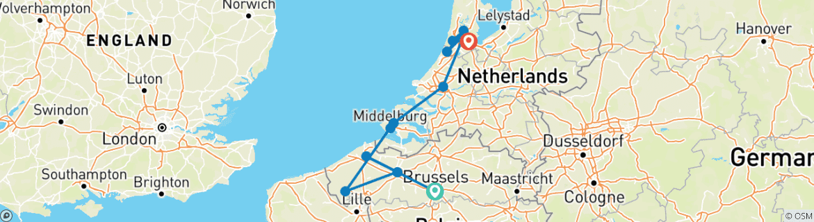 Image of a map showing the route of the tour