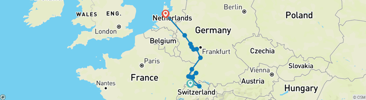 Image of a map showing the route of the tour