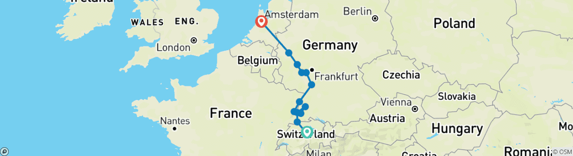 Image of a map showing the route of the tour