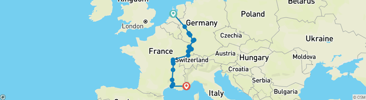 Image of a map showing the route of the tour