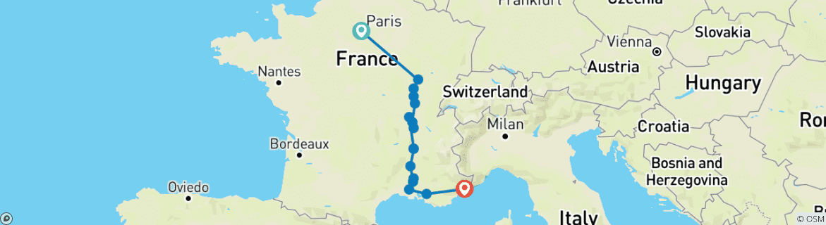 Image of a map showing the route of the tour