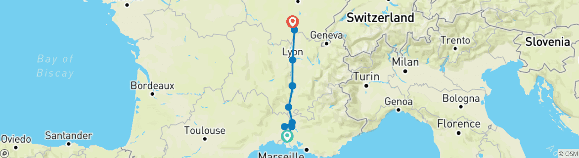 Image of a map showing the route of the tour