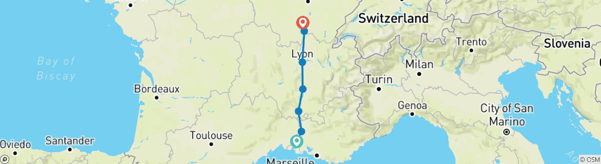 Image of a map showing the route of the tour