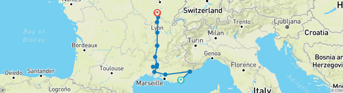 Image of a map showing the route of the tour