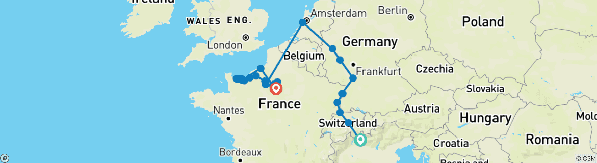 Image of a map showing the route of the tour