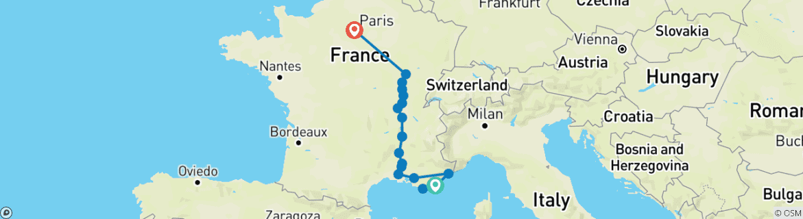 Image of a map showing the route of the tour