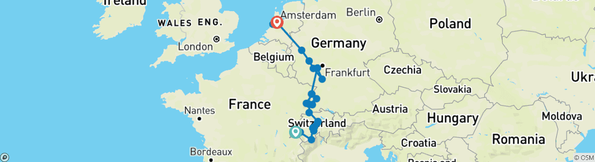 Image of a map showing the route of the tour