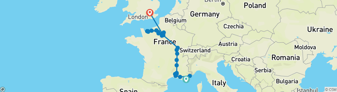 Image of a map showing the route of the tour