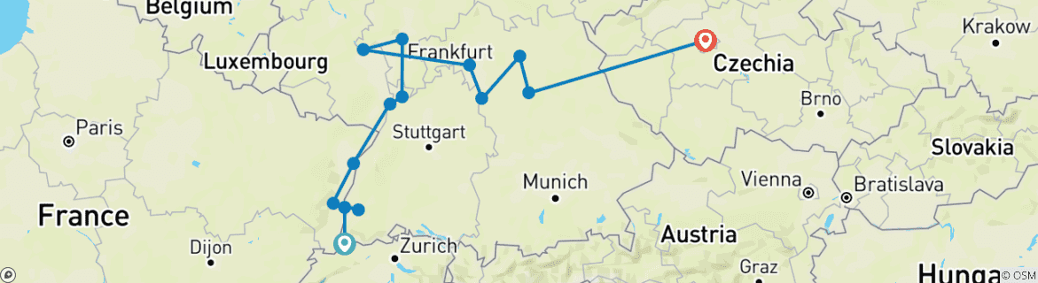 Image of a map showing the route of the tour