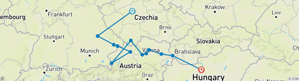 Image of a map showing the route of the tour