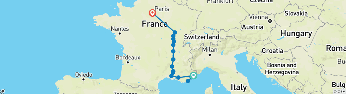 Image of a map showing the route of the tour
