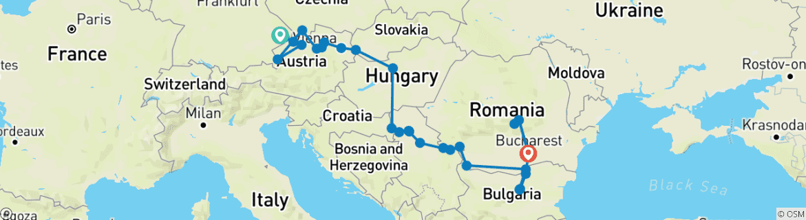 Image of a map showing the route of the tour