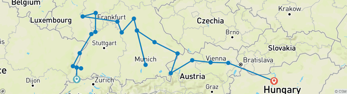 Image of a map showing the route of the tour