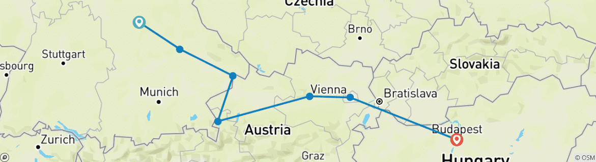Image of a map showing the route of the tour