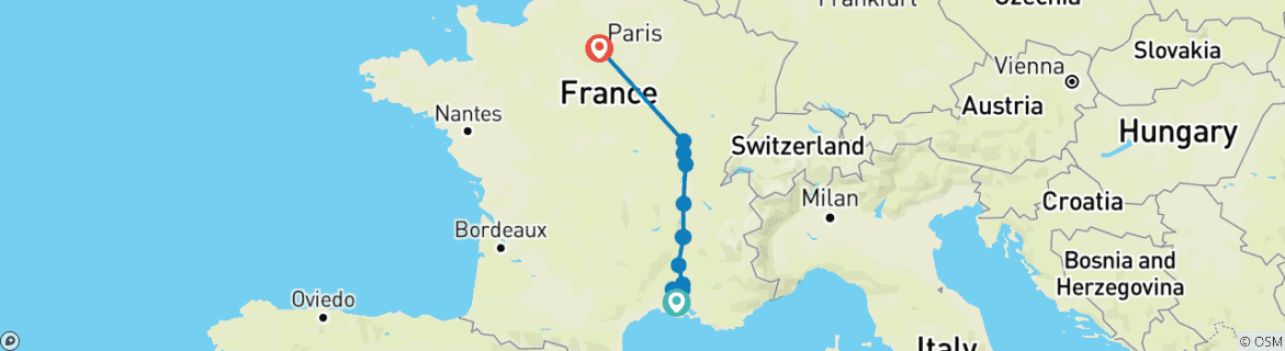 Image of a map showing the route of the tour
