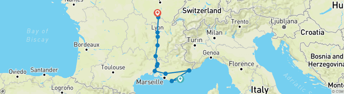 Image of a map showing the route of the tour