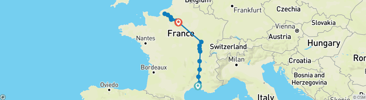 Image of a map showing the route of the tour