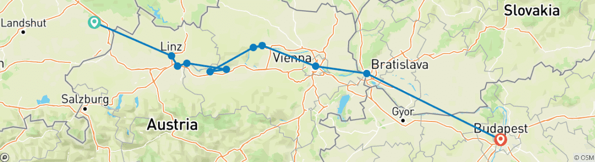 Image of a map showing the route of the tour