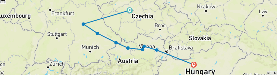 Image of a map showing the route of the tour