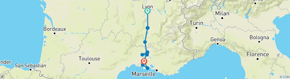Image of a map showing the route of the tour