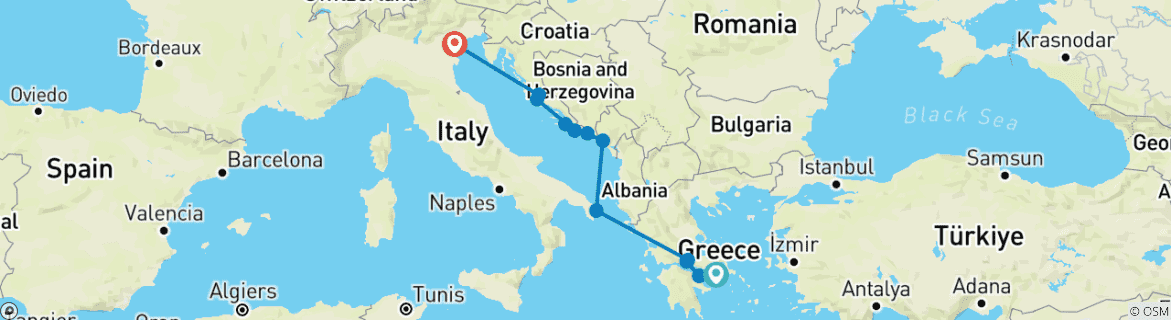 Image of a map showing the route of the tour