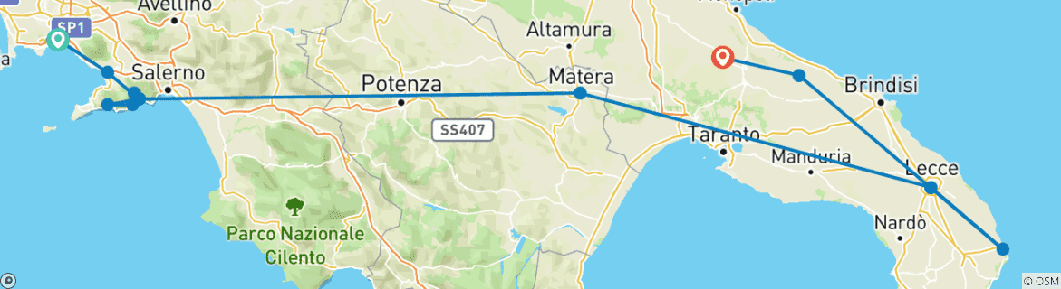 Image of a map showing the route of the tour