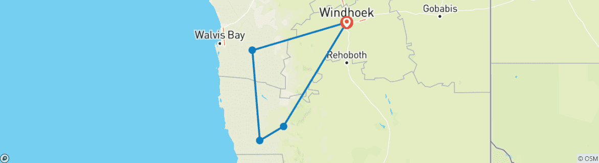 Image of a map showing the route of the tour