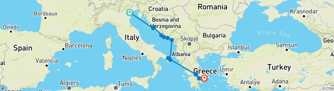 Image of a map showing the route of the tour