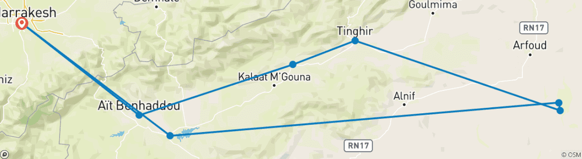 Image of a map showing the route of the tour