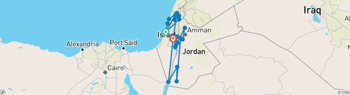 Mapa de Paquete turístico de 13 días por Israel y Jordania