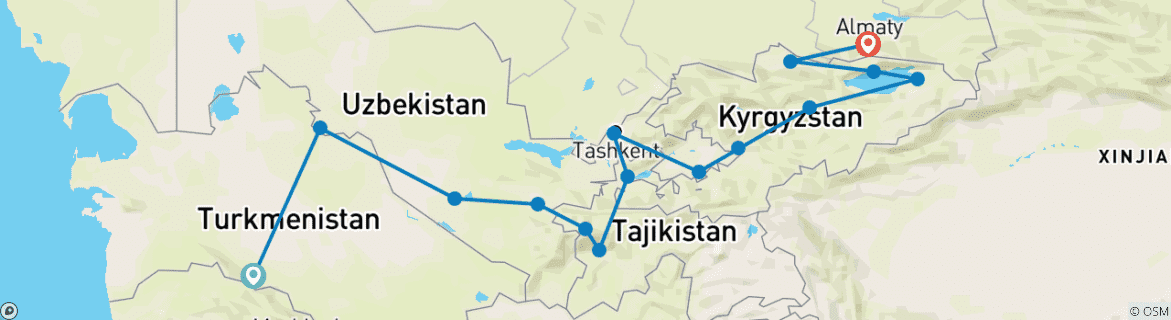 Image of a map showing the route of the tour