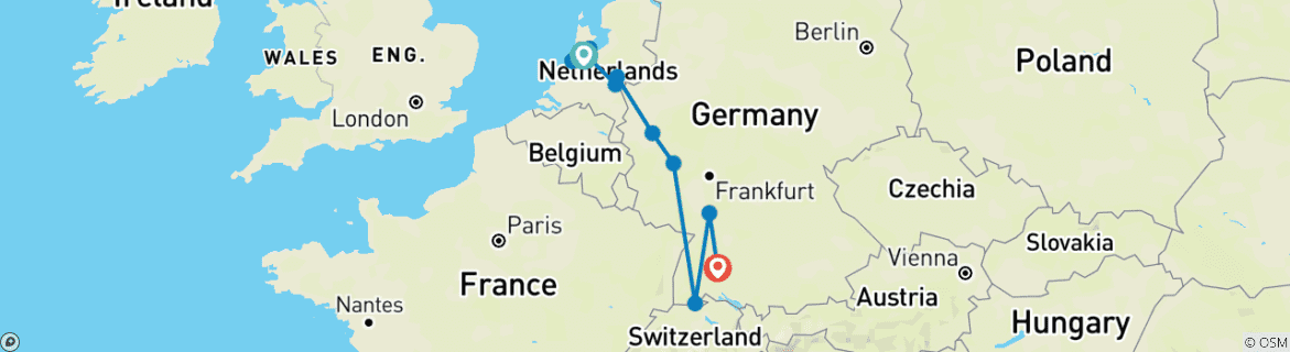 Image of a map showing the route of the tour