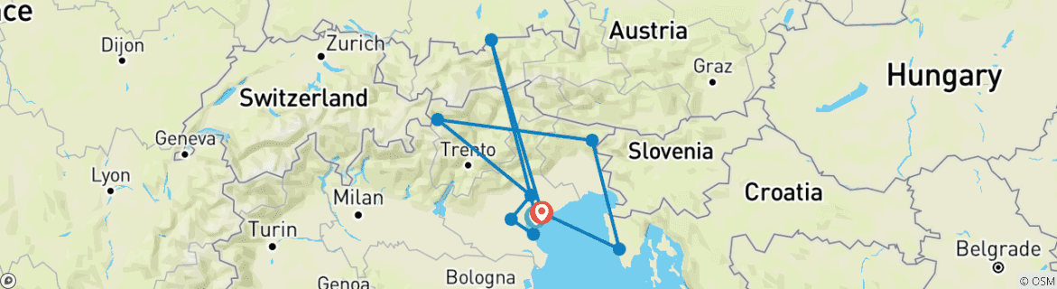 Image of a map showing the route of the tour
