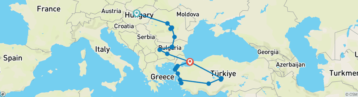 Image of a map showing the route of the tour