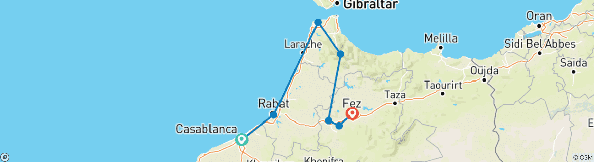 Image of a map showing the route of the tour