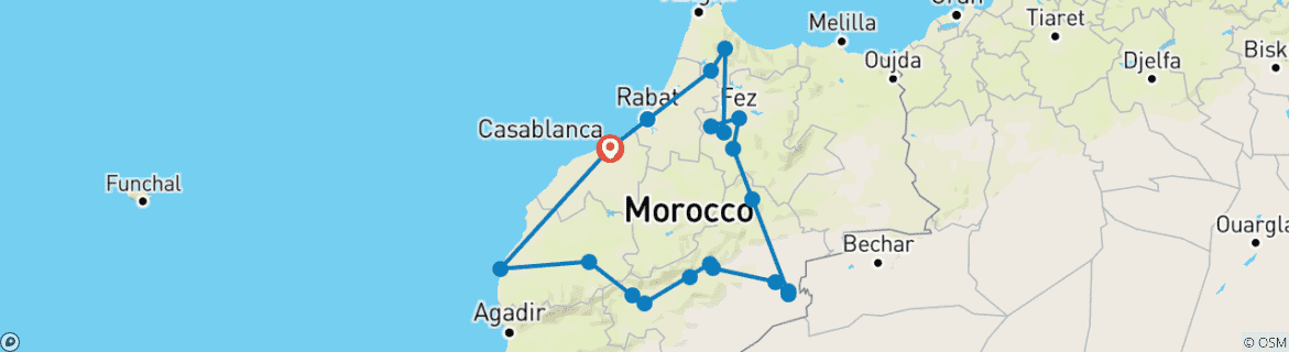 Image of a map showing the route of the tour