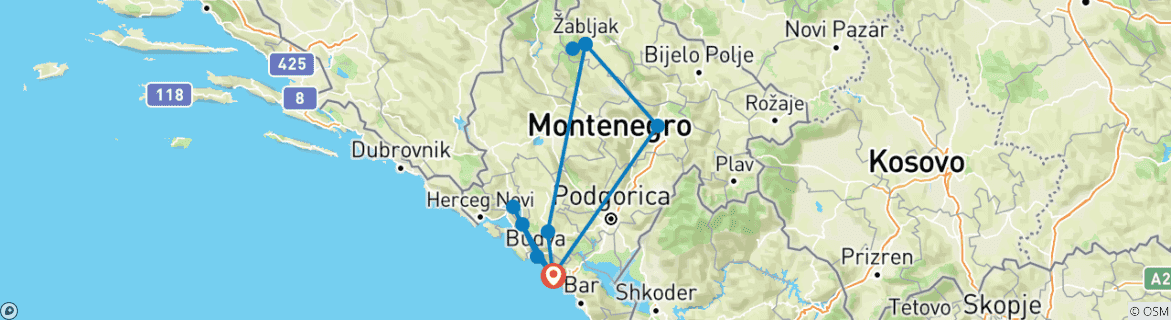 Carte du circuit Monténégro : côte et parcs nationaux - autotour