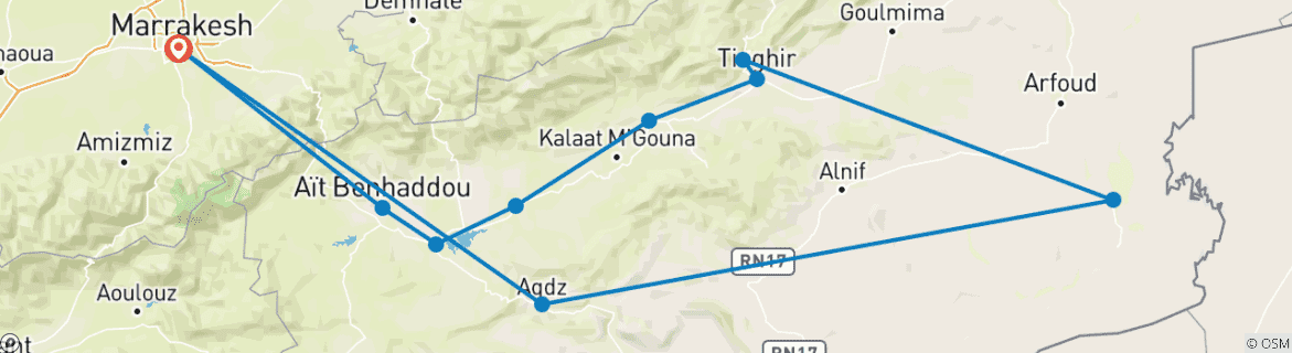 Image of a map showing the route of the tour