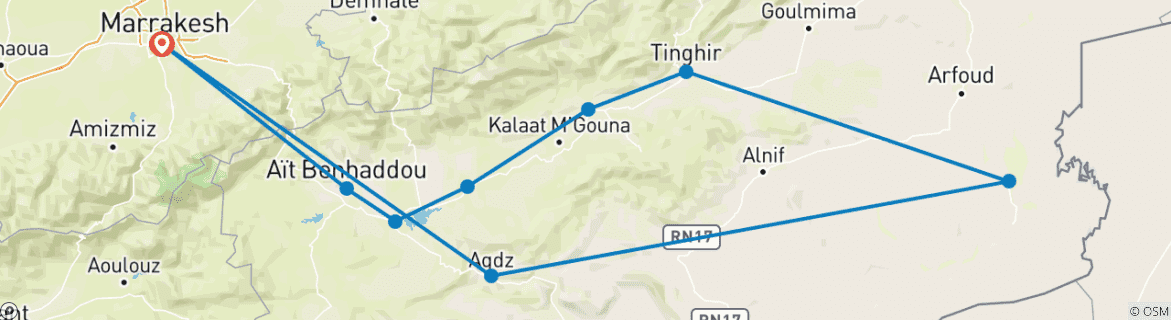 Image of a map showing the route of the tour