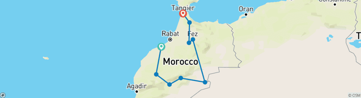 Image of a map showing the route of the tour