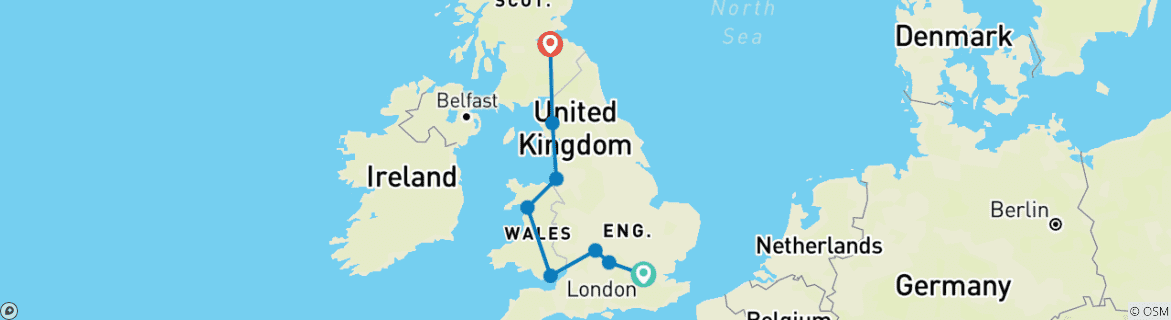 Image of a map showing the route of the tour