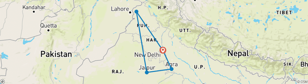 Image of a map showing the route of the tour