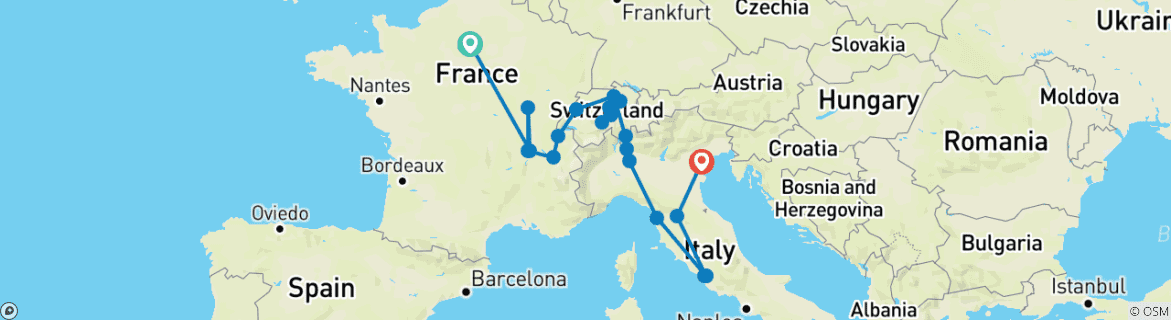 Image of a map showing the route of the tour